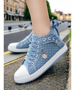 Women's Sneakers Canvas Shoes Daily Travel Polka Dot Flat Heel Round Toe Casual Preppy Canvas Lace-up Dark Blue Light Blue 2025