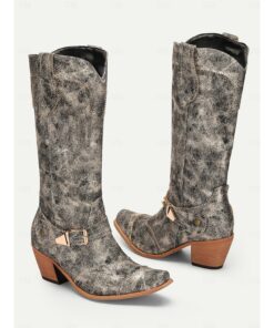 Women's Vintage Western Cowboy Boots - Distressed Metallic Finish with Decorative Buckle and Stacked Heel, Perfect for Country Style and Festivals 202