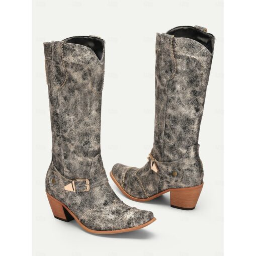 Women's Vintage Western Cowboy Boots - Distressed Metallic Finish with Decorative Buckle and Stacked Heel, Perfect for Country Style and Festivals 202