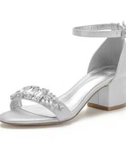 Women's White Blue Rhinestone Embellished Block Heel Wedding Sandals with Ankle Strap - Comfortable Low Heel Elegant Bridal and Evening Shoes 2025