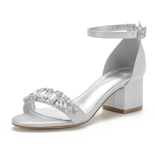 Women's White Blue Rhinestone Embellished Block Heel Wedding Sandals with Ankle Strap - Comfortable Low Heel Elegant Bridal and Evening Shoes 2025