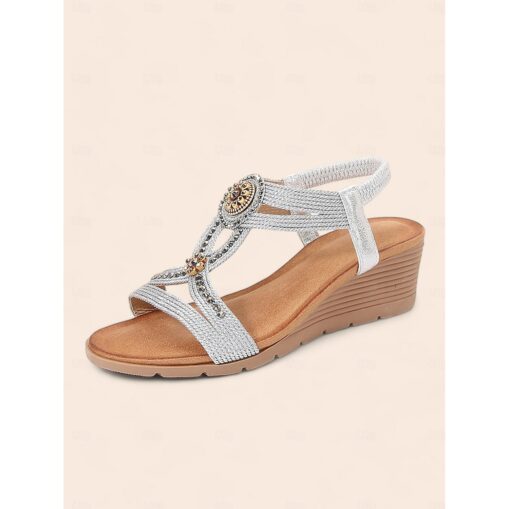 Women's Black Embellished Wedge Sandals with Beaded T-Strap Perfect for Summer Evenings 2025 - Image 2