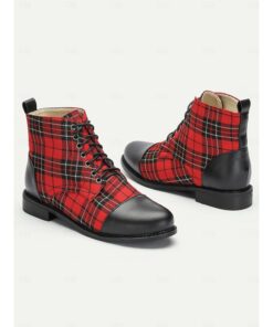 Women's Tartan Plaid Combat Boots with Black Leather Toe Cap - Stylish Lace-Up Ankle Boots for Casual Wear and Festive Occasions 2025
