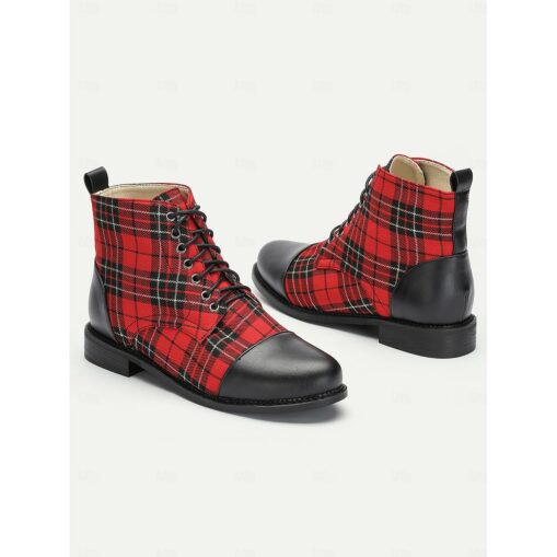 Women's Tartan Plaid Combat Boots with Black Leather Toe Cap - Stylish Lace-Up Ankle Boots for Casual Wear and Festive Occasions 2025