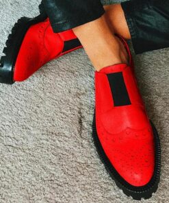 Men's Red Brogue Faux Leather Slip-On Shoes - Vintage Design with Elastic Gussets and Rugged Sole for Formal and Casual Occasions 2025