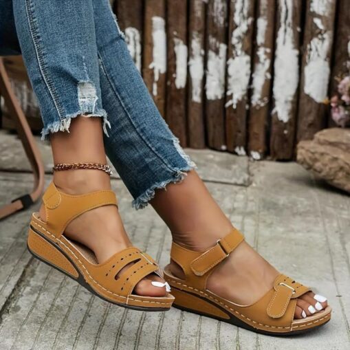 Women's Sandals Wedge Sandals Daily Vacation Chunky Heel Peep Toe Vacation Casual Comfort PU Magic Tape Black Red Brown 2025 - Image 4