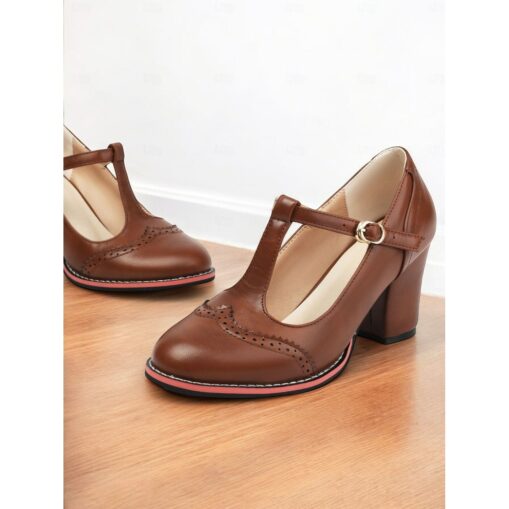 Women's Vintage Brown T-Strap Mary Jane Pumps with Brogue Detailing – Chunky Heels for Office, Retro Fashion, and Casual Events 2025
