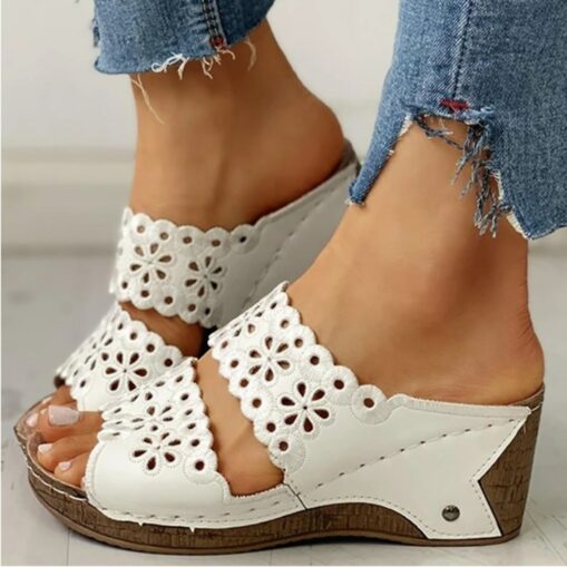 Women's Black Wedge Sandals with Floral Cutout Design – Comfortable Summer Slip-On Shoes with Stitch Detailing 2025 - Image 2