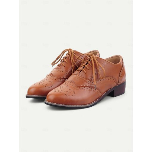 Women's Cream and White Faux Leather Brogue Oxford Shoes with Lace-Up Closure - Vintage-Inspired Formal Footwear 2025 - Image 2