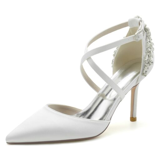 Women's Wedding Shoes Pumps Bridal Shoes Rhinestone Stiletto Pointed Toe Luxurious Satin Cross Strap Wine Black White 2025