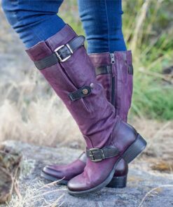 Women's Purple Faux Leather Knee-High Boots with Buckle Straps and Side Zipper, Vintage Style Motorcycle Boots for Outdoor and Casual Wear 2025