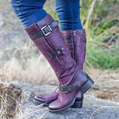 Women's Purple Faux Leather Knee-High Boots with Buckle Straps and Side Zipper, Vintage Style Motorcycle Boots for Outdoor and Casual Wear 2025