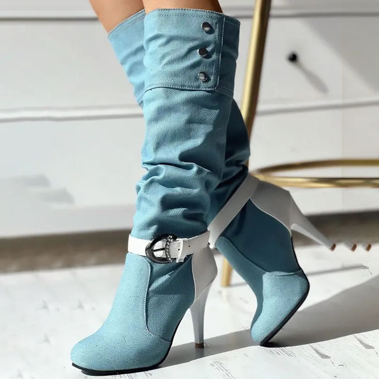 Women's Denim Knee-High Boots with Stiletto Heel and Buckle Strap, Featuring Grommet Detailing and Fashion-Forward Design 2025