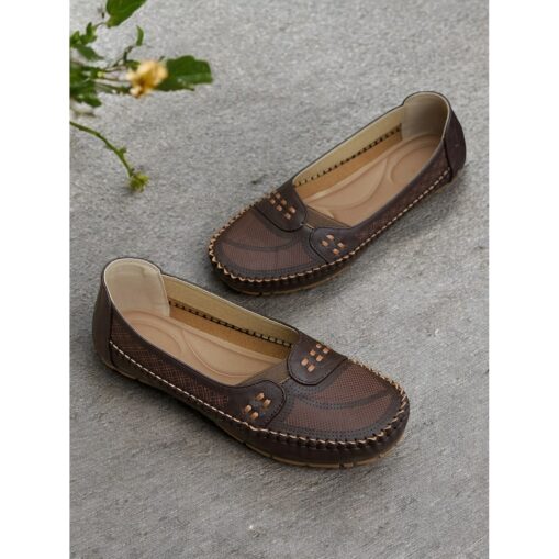 Women's Comfortable Brown Faux Leather Slip-On Loafers with Stitching Detail for Everyday Wear 2025 - Image 3