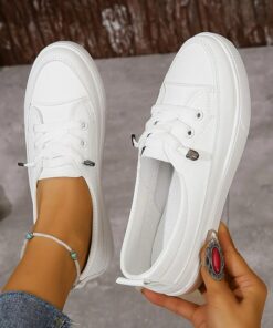 Women's Sneakers White Shoes Outdoor Daily Summer Flat Round Toe Fashion Sporty Casual Walking Canvas Lace-up White Sneakers 2025