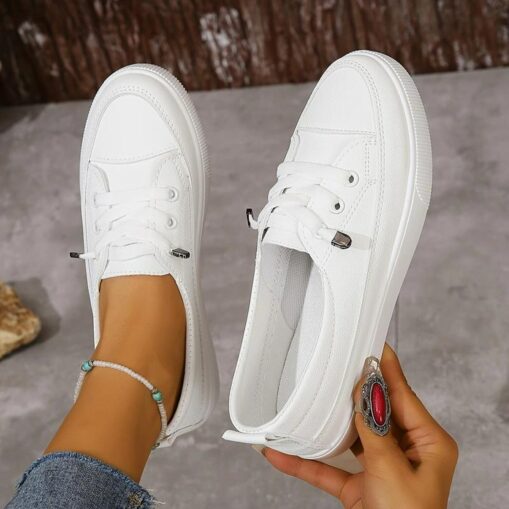 Women's Sneakers White Shoes Outdoor Daily Summer Flat Round Toe Fashion Sporty Casual Walking Canvas Lace-up White Sneakers 2025