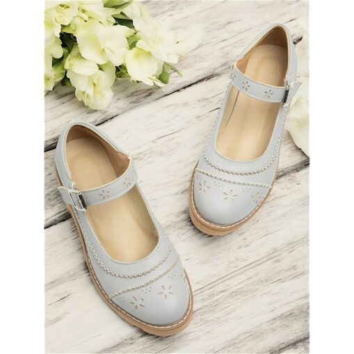 Women's Vintage Mary Jane Flats - Grey Leather with Cutout Floral Design and Buckle Strap, Perfect for Casual and Formal Wear 2025