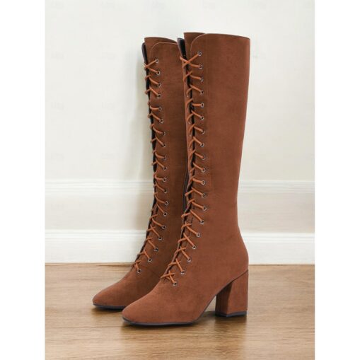 Women's Red Knee-High Lace-Up Boots with Block Heels & Plush Lining – Warm Winter Fashion Boots for Casual and Dressy Outfits 2025 - Image 2