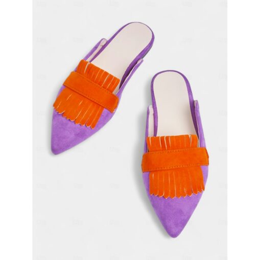 Women's Boho Chic Fringe Pointed-Toe Mules – Vibrant Purple and Orange Slip-On Flats with Suede Finish, Perfect for Casual Outings and Summer Fashion - Image 2
