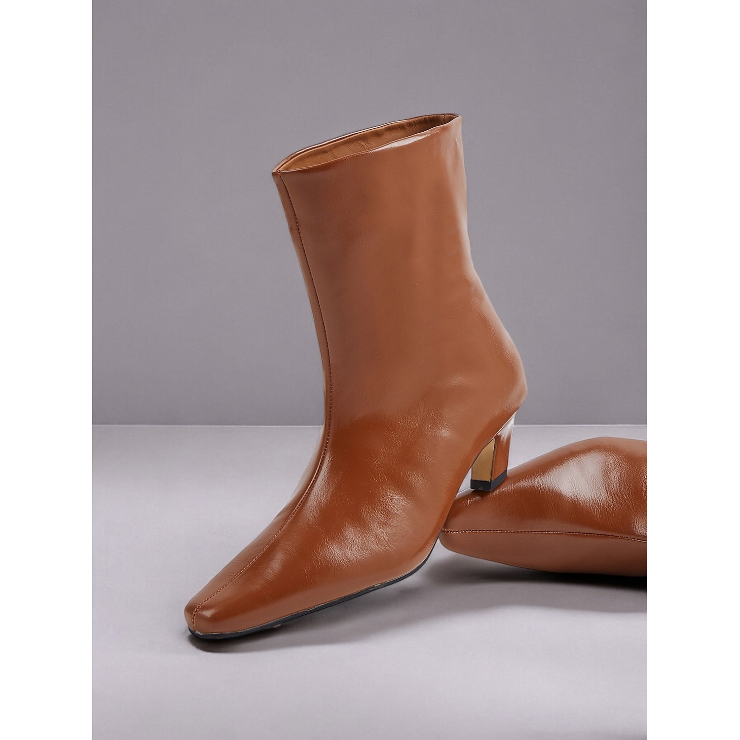 Women's Tan Faux Leather Mid-Calf Boots – Pointed Toe, Slip-On Design, Block Heels, Chic Casual Style for Fall and Winter Outfits 2025