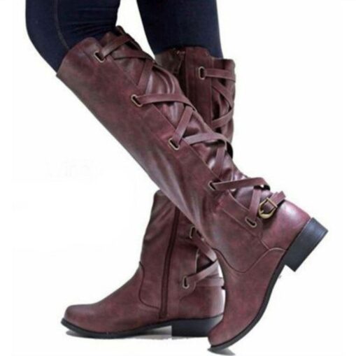 Women's Black Motorcycle Boots with Side Lace-Up and Buckle Detail - Stylish High Knee Riding Boots 2025 - Image 3