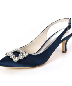 Women's Navy Blue Satin Slingback Kitten Heel with Rhinestone Buckle - Elegant Bridal or Evening Shoes for Weddings and Special Occasions 2025