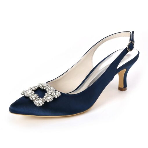 Women's Navy Blue Satin Slingback Kitten Heel with Rhinestone Buckle - Elegant Bridal or Evening Shoes for Weddings and Special Occasions 2025