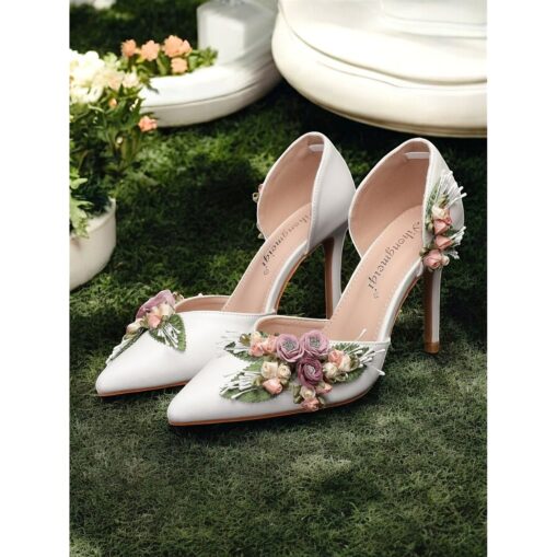 Women's White Wedding Heels with Floral Embellishments - Elegant Pointed Toe Design, Ankle Strap, and Stiletto Heel, Perfect for Bridal and Special Oc