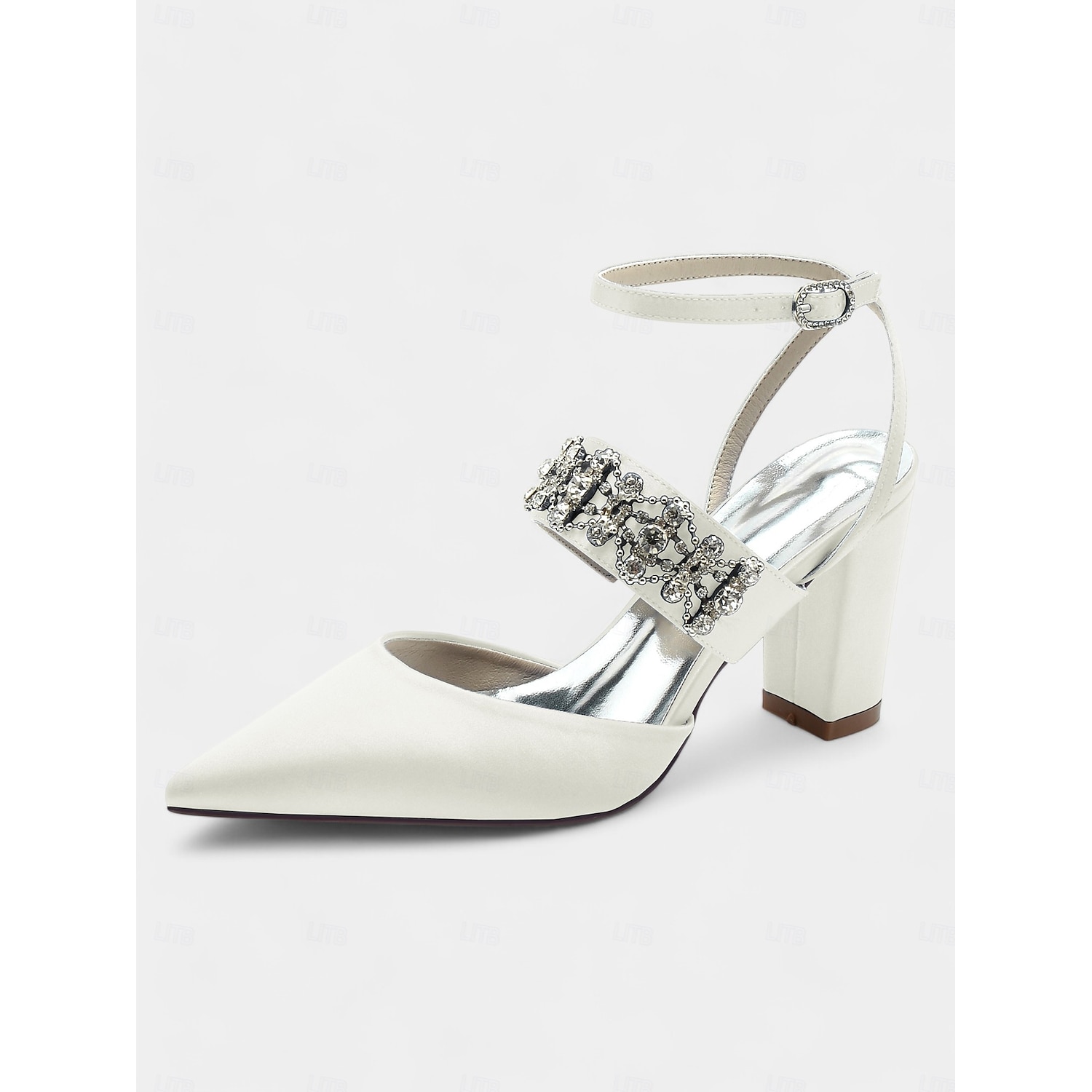 Women's Black Satin Pointed Toe Heels – Rhinestone Embellished Ankle Strap Chunky Heels for Evening Parties and Weddings 2025 - Image 8