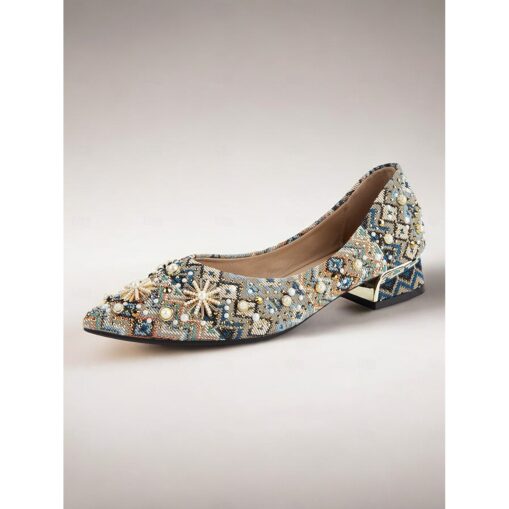 Women's Embellished Jacquard Fabric Low-Heel Pumps - Vintage-Inspired Design with Pearl and Crystal Accents 2025