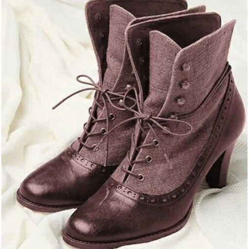 Women's Victorian Lace-Up Ankle Boots with Vintage Brogue Detailing – Faux Leather and Fabric High Heel Boots for Retro Fashion 2025 - Image 3