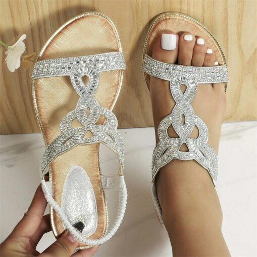 Women's Sandals Boho Bohemia Beach Plus Size Comfort Shoes Daily Beach Solid Color Summer Rhinestone Flat Heel Open Toe Casual Bohemia PU Loafer Silve - Image 2