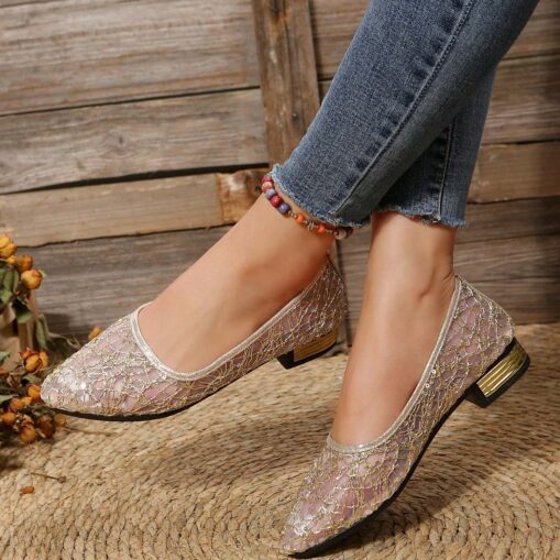 Women's Silver Sequin Mesh Ballet Flats – Elegant Pointed-Toe Flats with Rhinestone Details for Weddings and Formal Occasions 2025 - Image 2