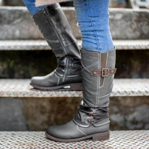 Women's Vintage Red Knee-High Faux Leather Boots with Buckle Accents - Perfect for Outdoor Adventures, Casual Outings, and Fall Fashion 2025 - Image 2