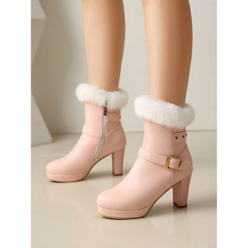 Women's Black Platform Ankle Boots with Faux Fur Cuff, Buckle Detail, and High Block Heels - Stylish Winter Footwear for Parties and Casual Wear 2025 - Image 3