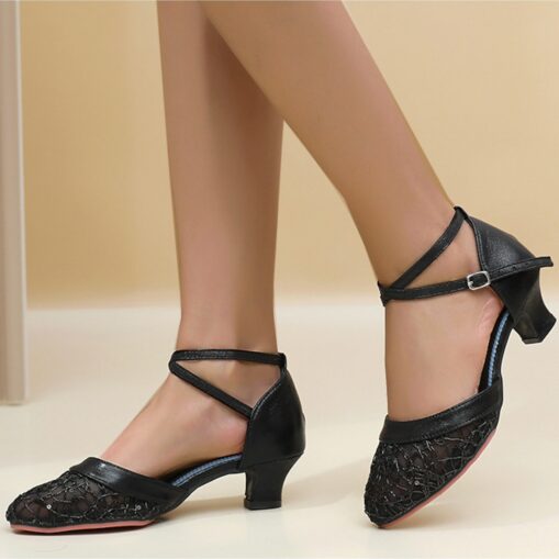 Women's Gold Silver Lace Ballroom Dance Shoes with Ankle Strap and Mid Heel for Latin and Salsa Dancing 2025 - Image 8