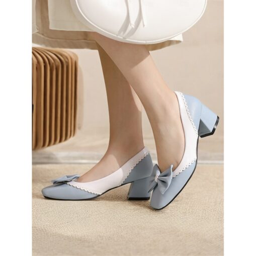 Women's Black and White Block Heel Pumps with Bow Detail – Vintage-Inspired Low-Heel Shoes for Office, Casual, and Dressy Occasions 2025 - Image 2