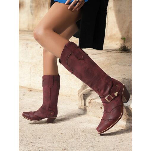 Women's Vintage Western Cowboy Boots - Distressed Metallic Finish with Decorative Buckle and Stacked Heel, Perfect for Country Style and Festivals 202 - Image 3