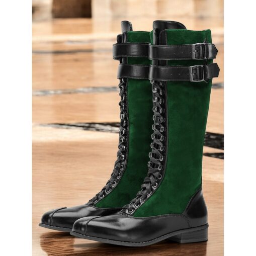 Women's Burgundy Faux Suede and Black Faux Leather Knee-High Lace-Up Boots – Vintage-Inspired Design with Double Buckle Straps, Perfect for Casual and - Image 4
