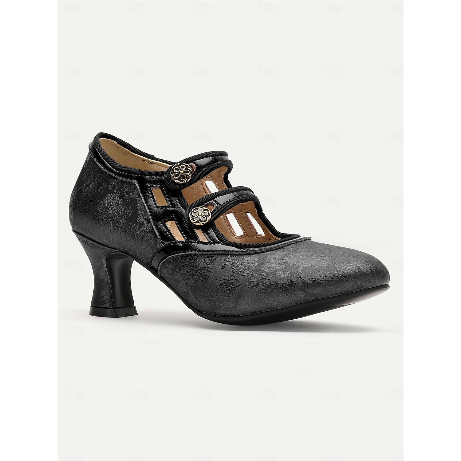 Women's Elegant Vintage T-Strap Mid-Heel Pumps - Bronze Mary Jane Shoes with Floral Button for Oktoberfest, Formal, and Casual Wear 2025 - Image 2
