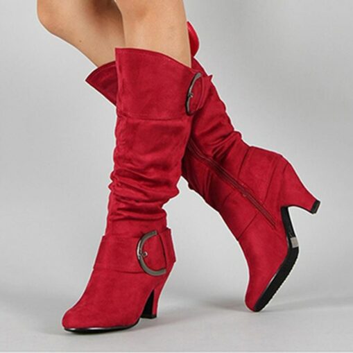 Women's Red Suede Slouchy Knee-High Boots with Buckle Detail and Mid Heel - Stylish Footwear for Fall and Winter 2025