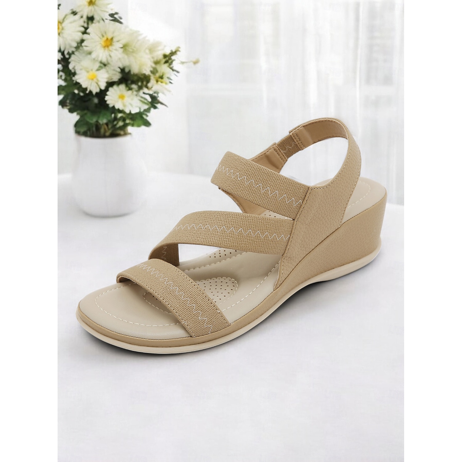 Women's Green Elastic Strap Wedge Sandals with Cushioned Sole - Comfortable Summer Shoes for Casual Wear and Travel 2025 - Image 2