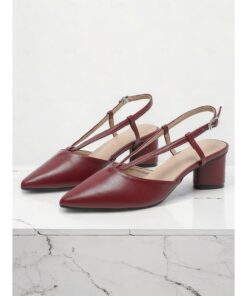 Women's Burgundy Faux Leather Slingback Block Heel Pumps | Comfortable and Versatile for Work or Casual Occasions 2025