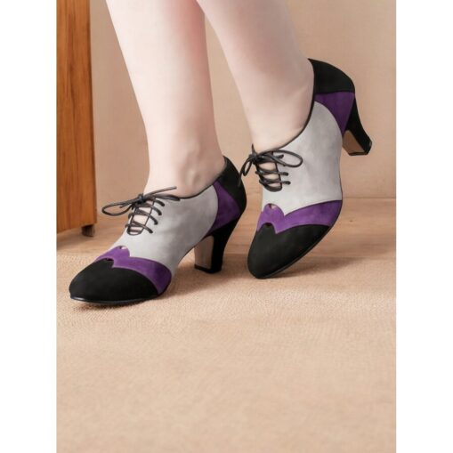 Vintage Two-Tone Faux Suede Lace-Up Women's Oxford Shoes – Retro-Inspired Green and Teal Block Heel Shoes for Casual and Office Wear 2025 - Image 3