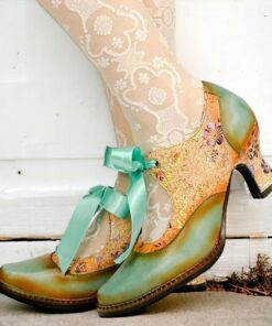 Women's Vintage Floral Lace-Up Heels – Elegant Green & Gold Victorian-Style Shoes for Special Occasions 2025