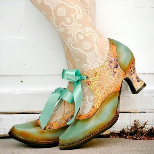 Women's Vintage Floral Lace-Up Heels – Elegant Green & Gold Victorian-Style Shoes for Special Occasions 2025