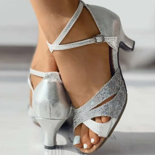 Women's Silver Glitter Open-Toe Latin Dance Shoes - Rhinestone Embellished Ankle Strap Sandals for Ballroom and Party Events 2025