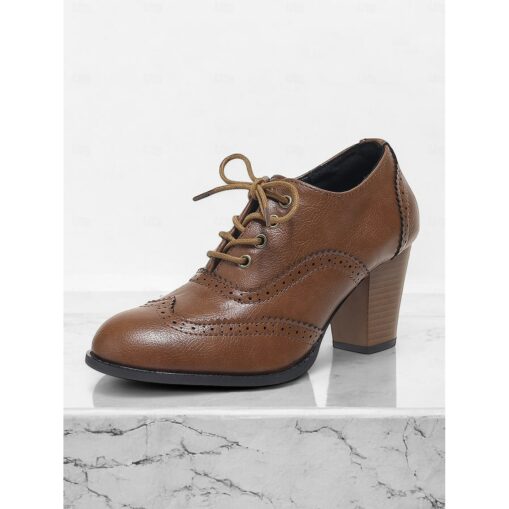 Women's Vintage Lace-Up Brogue Oxford Shoes – Brown Faux Leather Block Heel Dress Shoes for Formal and Casual Occasions 2025