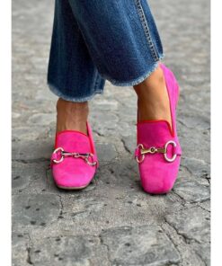 Women's Fuchsia Suede Loafers with Gold Metal Accent – Elegant Slip-On Shoes for Casual or Formal Wear 2025