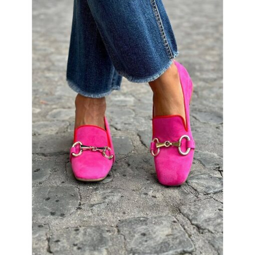 Women's Fuchsia Suede Loafers with Gold Metal Accent – Elegant Slip-On Shoes for Casual or Formal Wear 2025